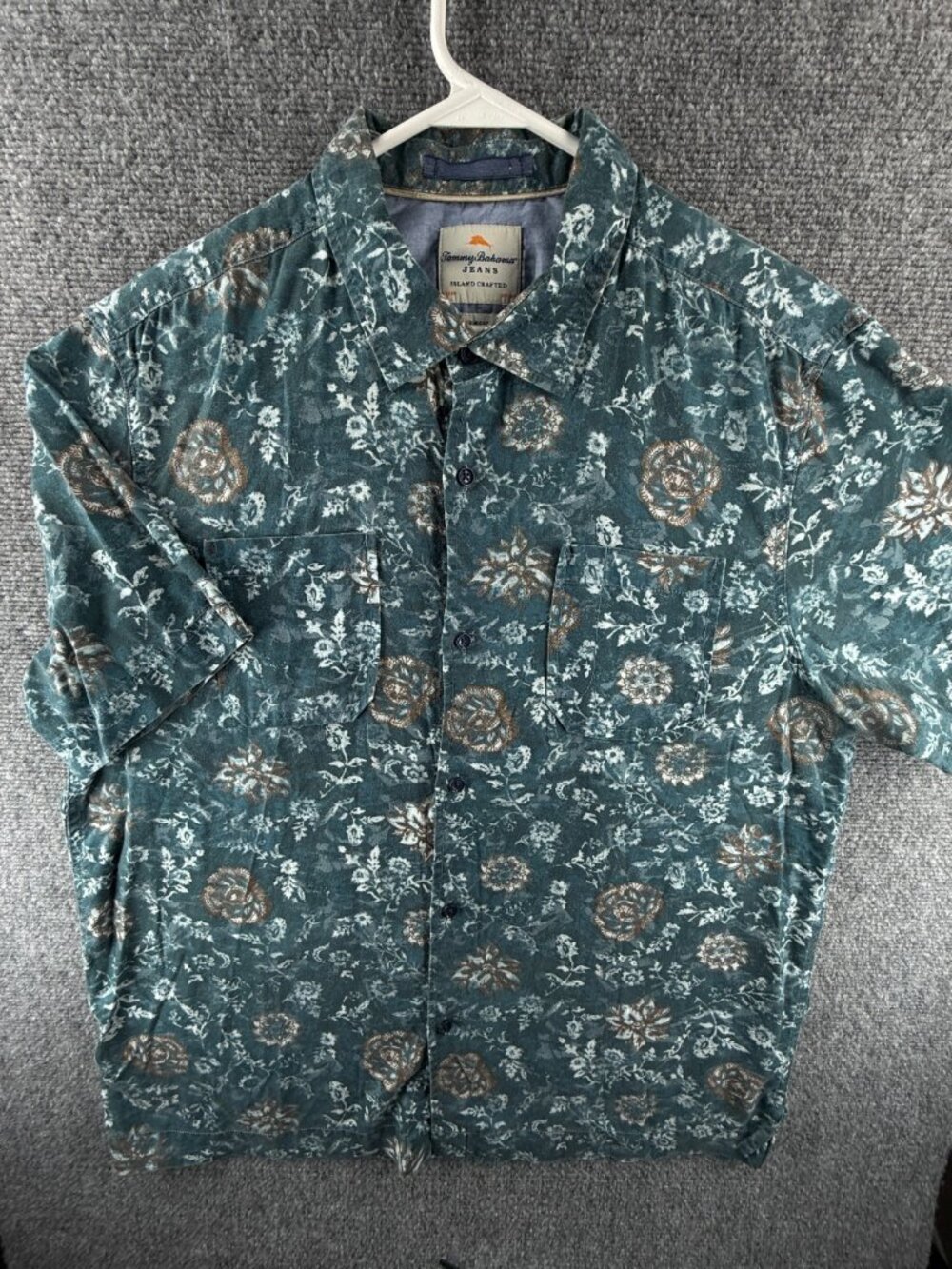 Tommy Bahama Island Modern Fit Button Up Shirt Blue Floral Crafted Short Sleeve
